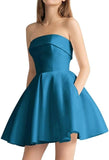 Women's Strapless Satin Short Prom Dresses with Pocket A Line Glitter Homecoming Dress Short Evening Party Ball Gown