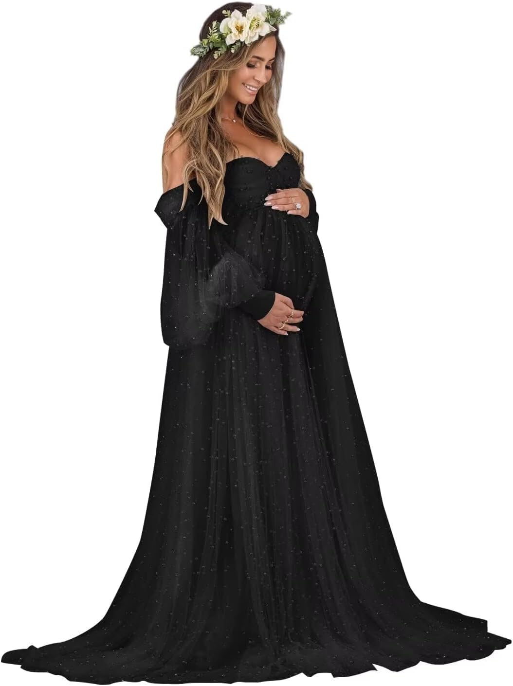Kingbridal Pearl Tulle Maternity Dress for Photoshoot Long Puffy Sleeve Pregnancy Gown