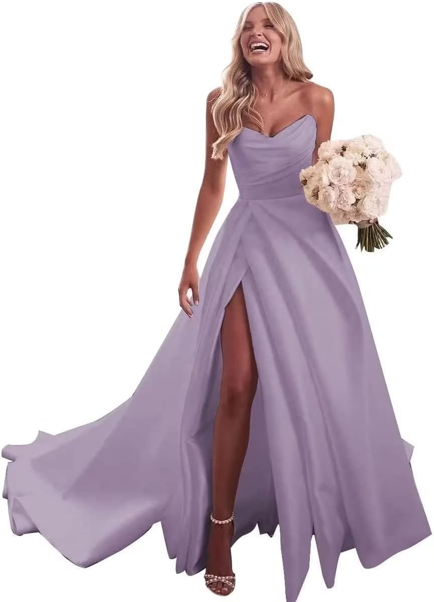 Trägerloses Ballkleid, langes Ballkleid, Satin-Brautkleid für die Braut, A-Linie, formelle Abendkleider mit Schlitz 