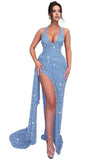 Sparkly Sequin Halter Prom Dresses for Women Mermaid Formal Dress with Slit Backless Ruched Evening Party Gowns