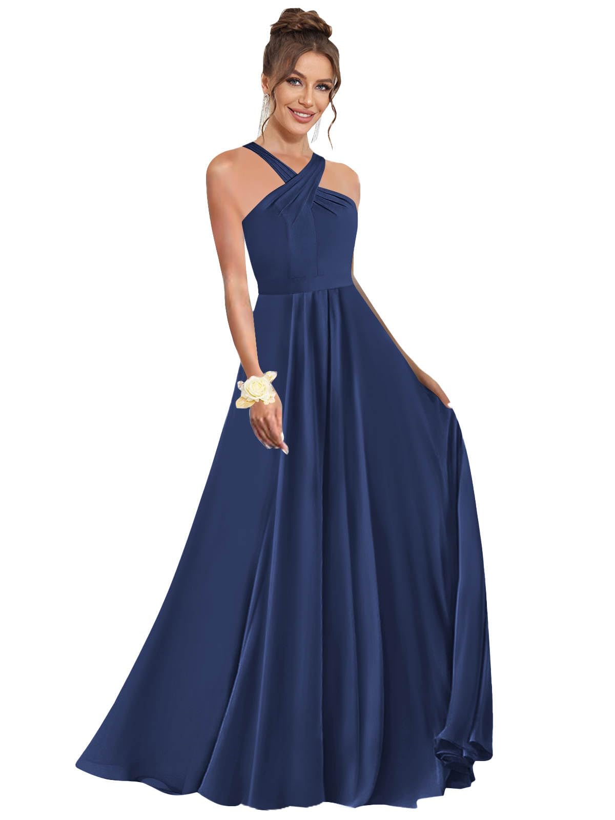 Halter Bridesmaid Dresses for Wedding Chiffon A Line Pleated Long Formal Prom Dress with Belt