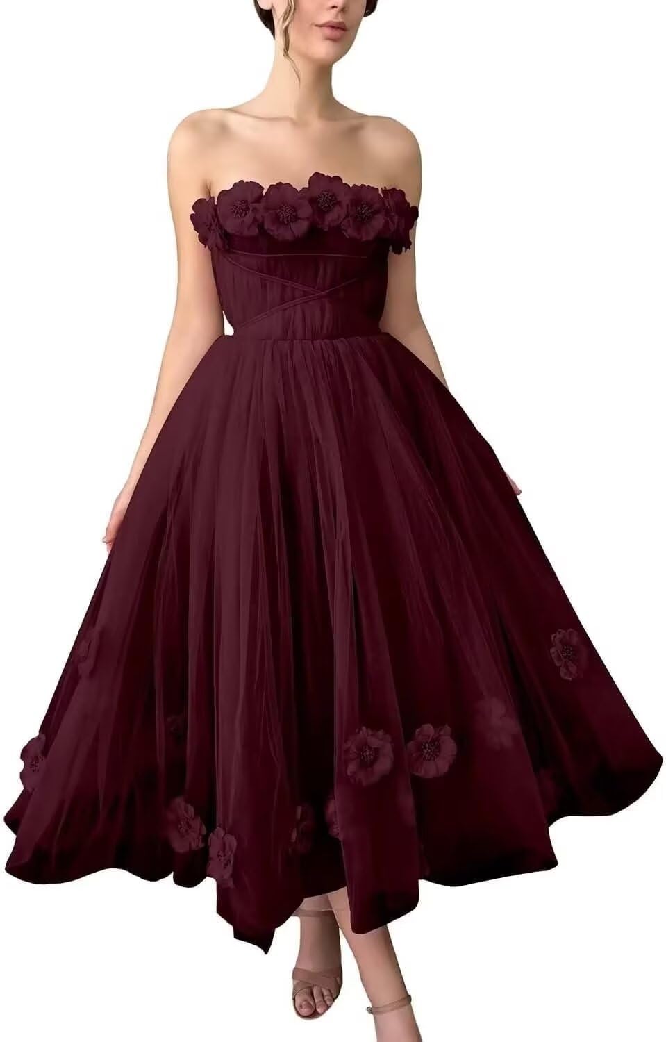 Women's 3D Flower Off Shoulder Tea Length Whimsical Prom Dress, A Line Strapless Tulle Formal Evening Party Gown