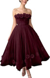 Women's 3D Flower Off Shoulder Tea Length Whimsical Prom Dress, A Line Strapless Tulle Formal Evening Party Gown