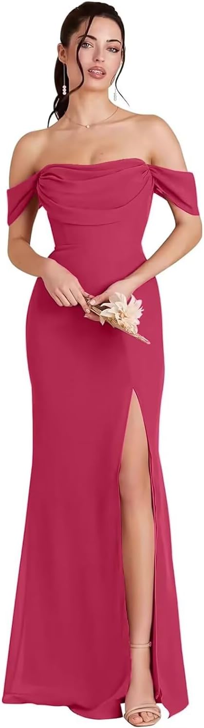 Kingbridal Gowns Off Shoulder Chiffon Bridesmaid Dresses for Women 2026 Long Ruched Cowl Neck Formal Evening Party Dress with Slit