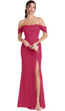 Kingbridal Gowns Off Shoulder Chiffon Bridesmaid Dresses for Women 2026 Long Ruched Cowl Neck Formal Evening Party Dress with Slit