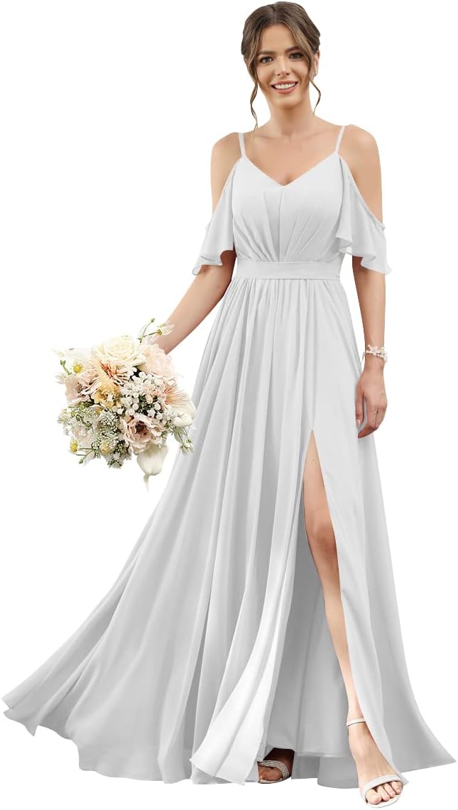 Women's Cold Shoulder Ruffle Sleeves Bridesmaid Dresses for Women 2025 Pleated Chiffon Formal Dresses with Slit