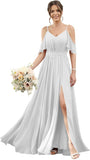 Women's Cold Shoulder Ruffle Sleeves Bridesmaid Dresses for Women 2025 Pleated Chiffon Formal Dresses with Slit