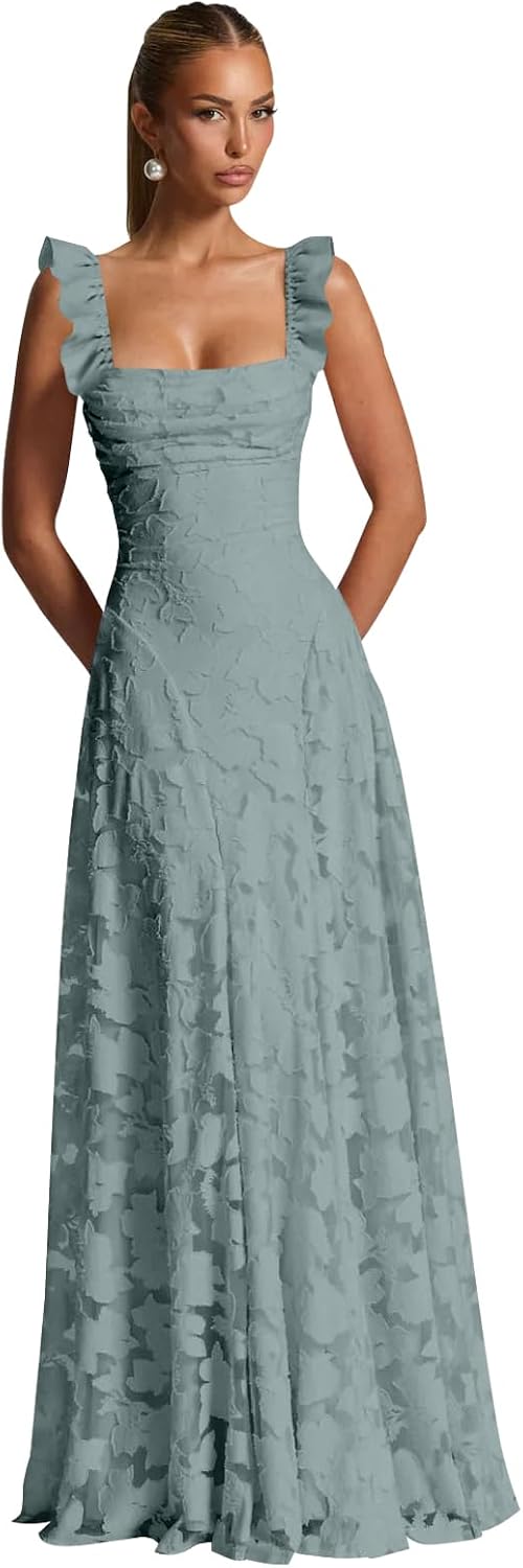 Ruched Jacquard Prom Dresses for Women Teens Ruffle Strap Floral Maxi Formal Dress Evening Gown