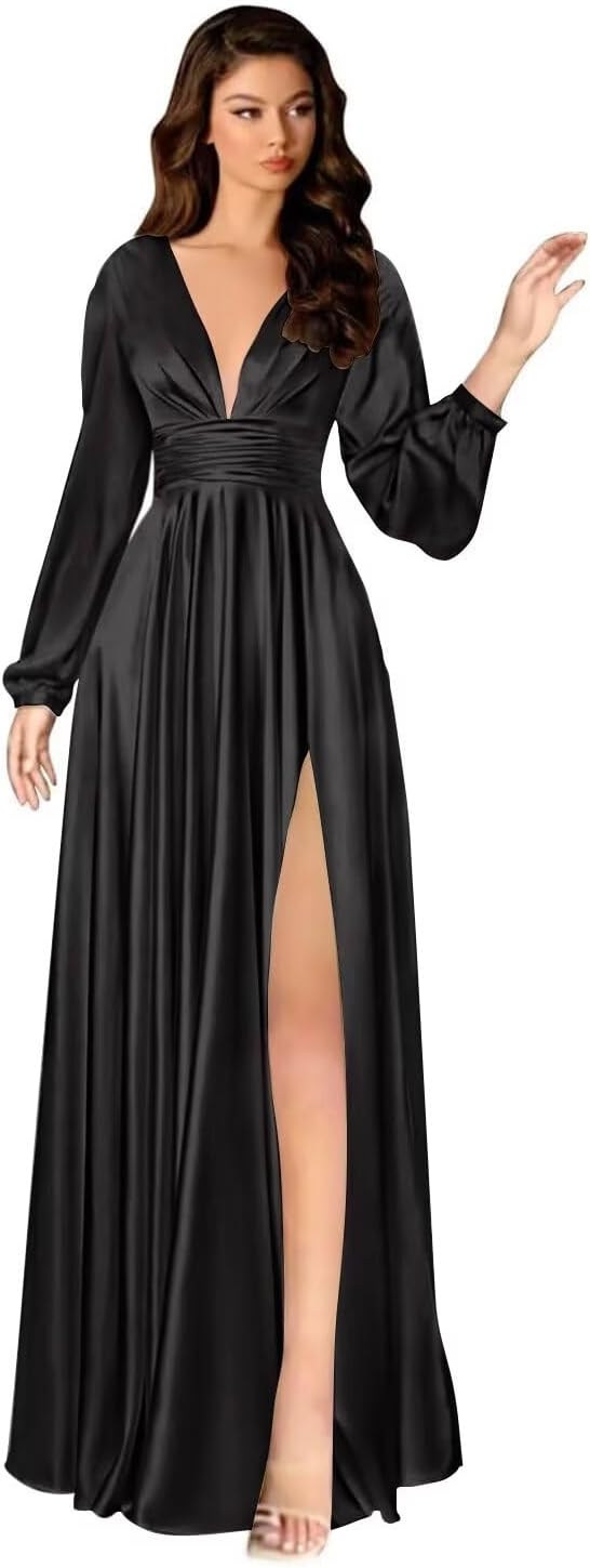 Kingbridal Gowns Long Sleeve Satin Bridesmaid Dresses for Women Long A-Line V-Neck Pleated Formal Evening Party Ball Gown with Slit