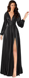 Kingbridal Gowns Long Sleeve Satin Bridesmaid Dresses for Women Long A-Line V-Neck Pleated Formal Evening Party Ball Gown with Slit