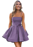 Women’s Short Satin Spaghetti Straps Formal Homecoming Dresses A Line Corset Puffy Prom Gown with Pockets for Teens