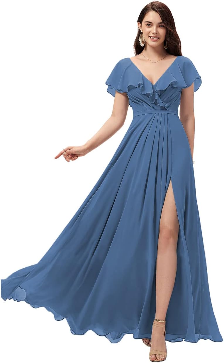 Vestidos de dama de honor largos con escote en V y volantes de gasa para mujer, vestidos de noche formales