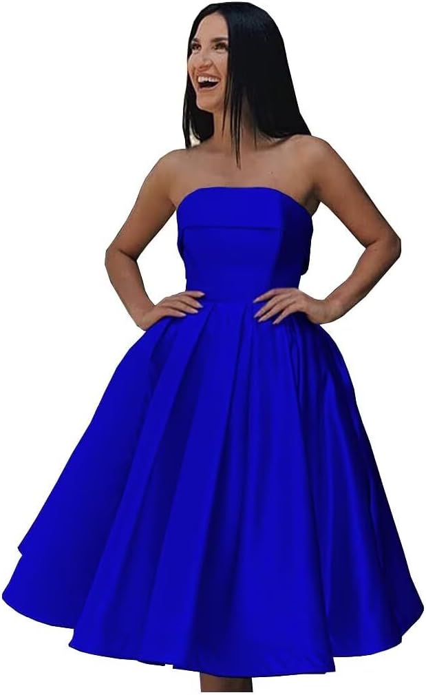 Tea Length Satin Cocktail Party Dresses for Women, Strapless Formal Evening Prom Gown Homecoming Graduation Dresses