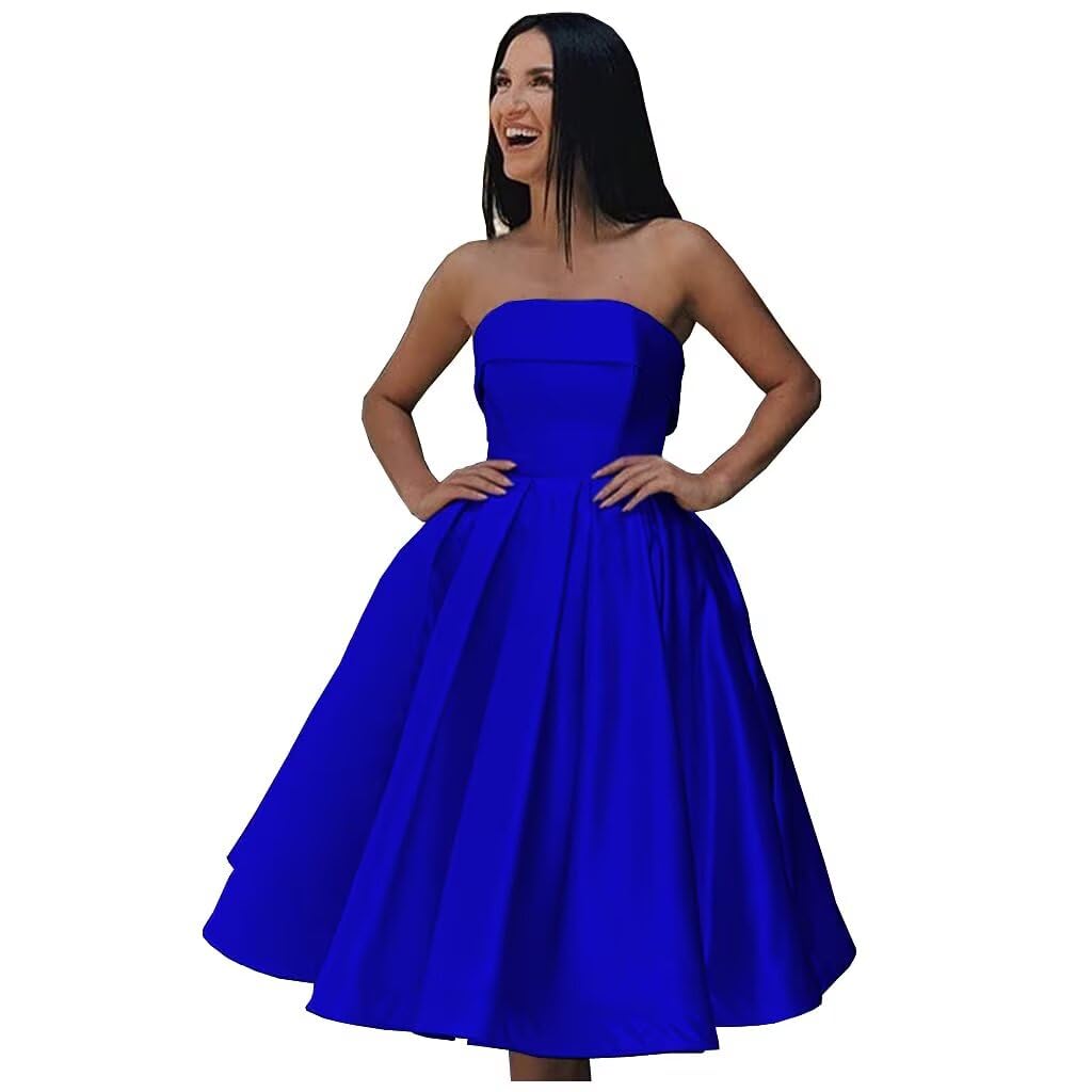 Tea Length Satin Cocktail Party Dresses for Women, Strapless Formal Evening Prom Gown Homecoming Graduation Dresses