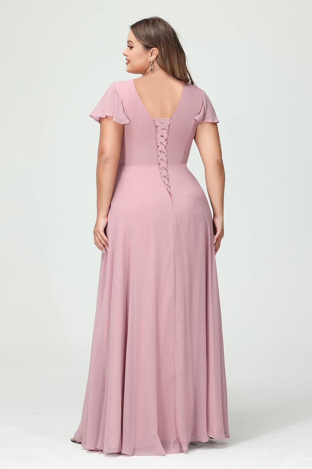 Vestidos de dama de honor de talla grande con mangas con volantes y bolsillos, vestido formal largo con escote en V y abertura. 