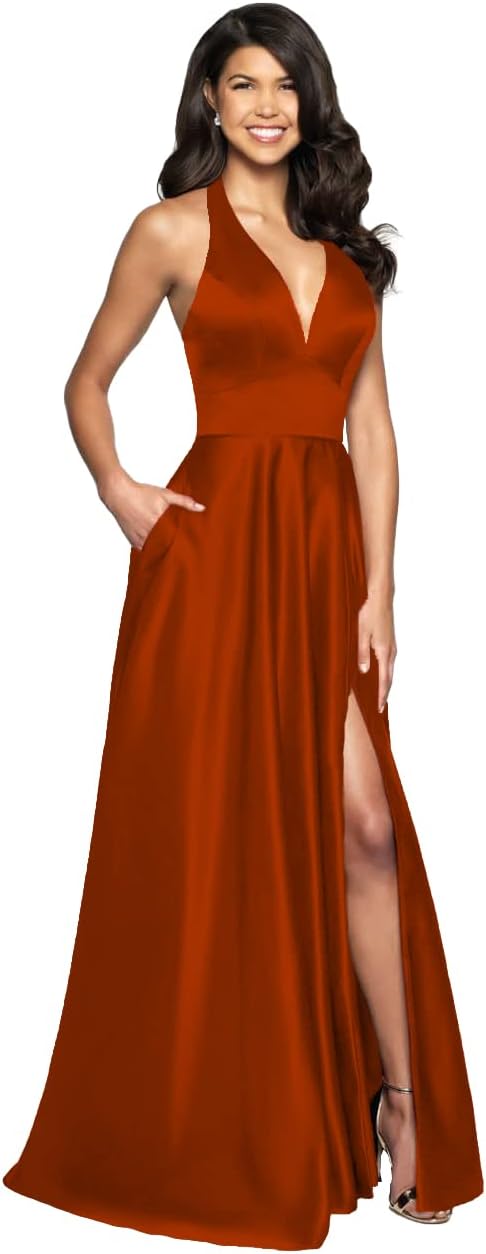 Womens Satin Prom Dresses Long with Slit Halter Evening Formal Gowns for Women with Pockets