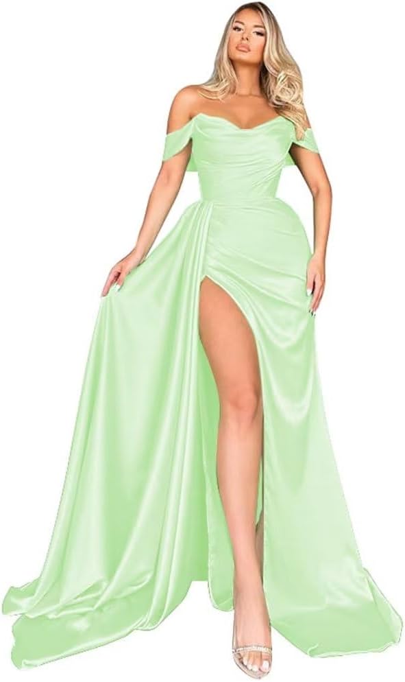 Off Shoulder Satin Bridesmaid Dresses Long Formal Gown for Wedding Ruched Prom Dress with Slit