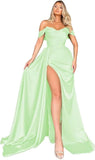 Off Shoulder Satin Bridesmaid Dresses Long Formal Gown for Wedding Ruched Prom Dress with Slit