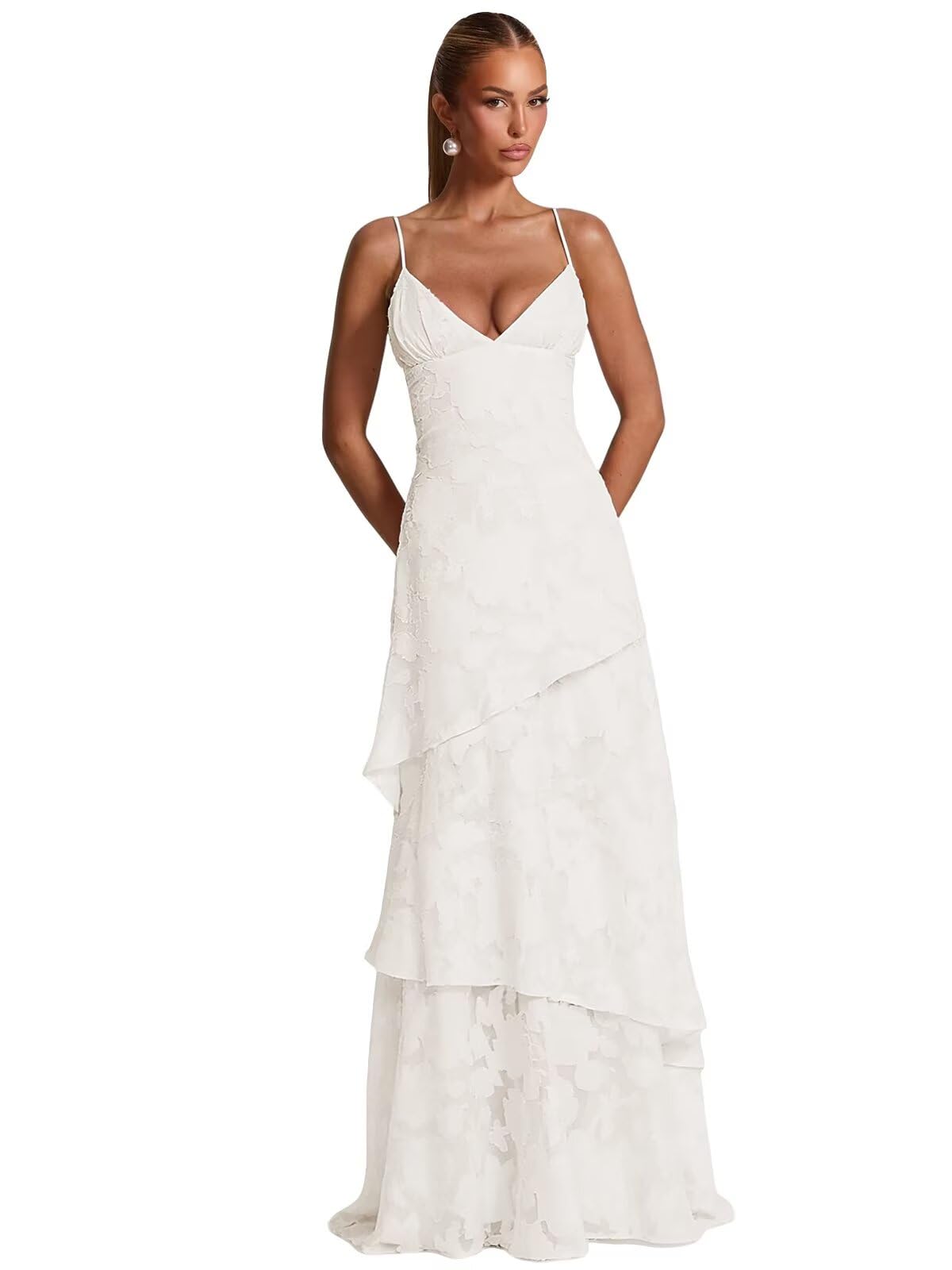 Spaghetti Strap Floral Bridesmaid Dresses for Women Tiered Ruffle A-Line Long Formal Prom Dress