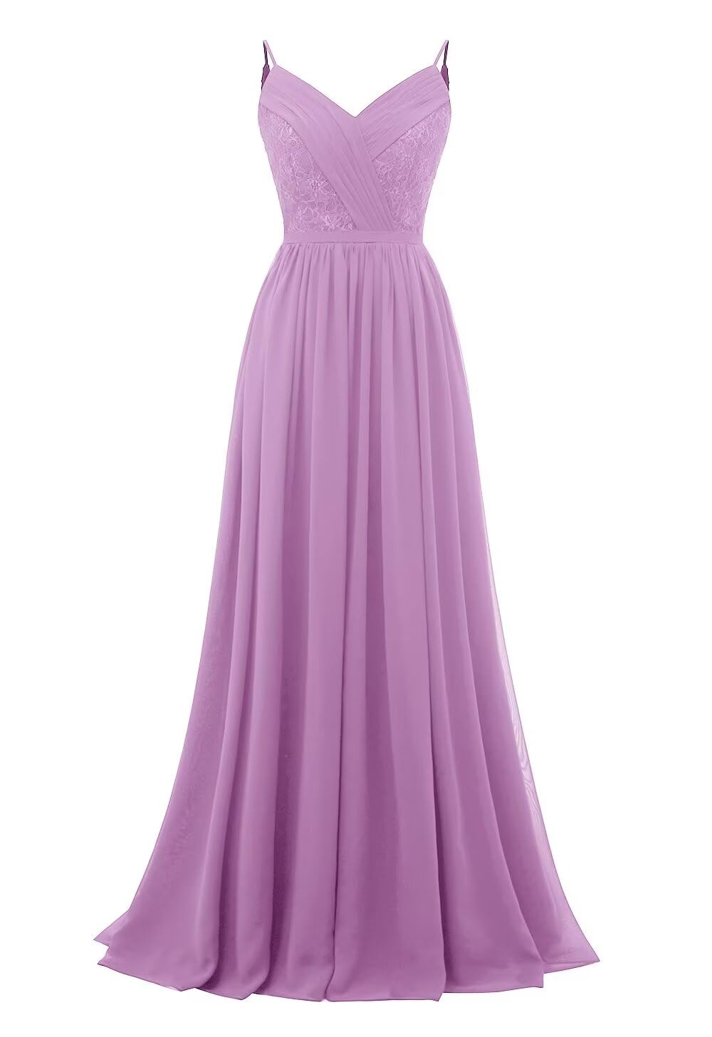 Women's Lace Chiffon Bridesmaid Dresses for Wedding Long Spaghetti Straps Bodice Formal Party Gown with Pockets