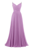 Women's Lace Chiffon Bridesmaid Dresses for Wedding Long Spaghetti Straps Bodice Formal Party Gown with Pockets