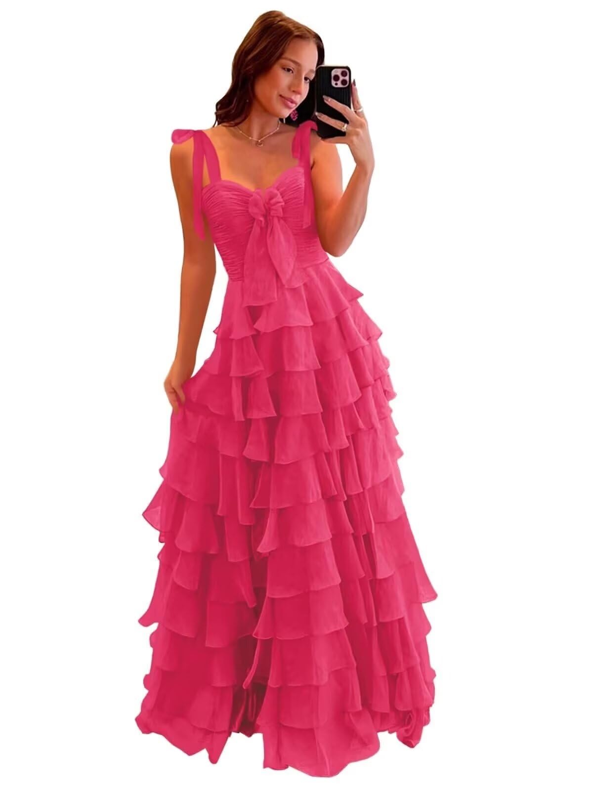 Tiered Prom Dresses with Bow Long A-Line Chiffon Formal Evening Dress for Women Spaghetti Straps Slit Ball Gown