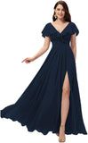 Vestidos de dama de honor largos con escote en V y volantes de gasa para mujer, vestidos de noche formales