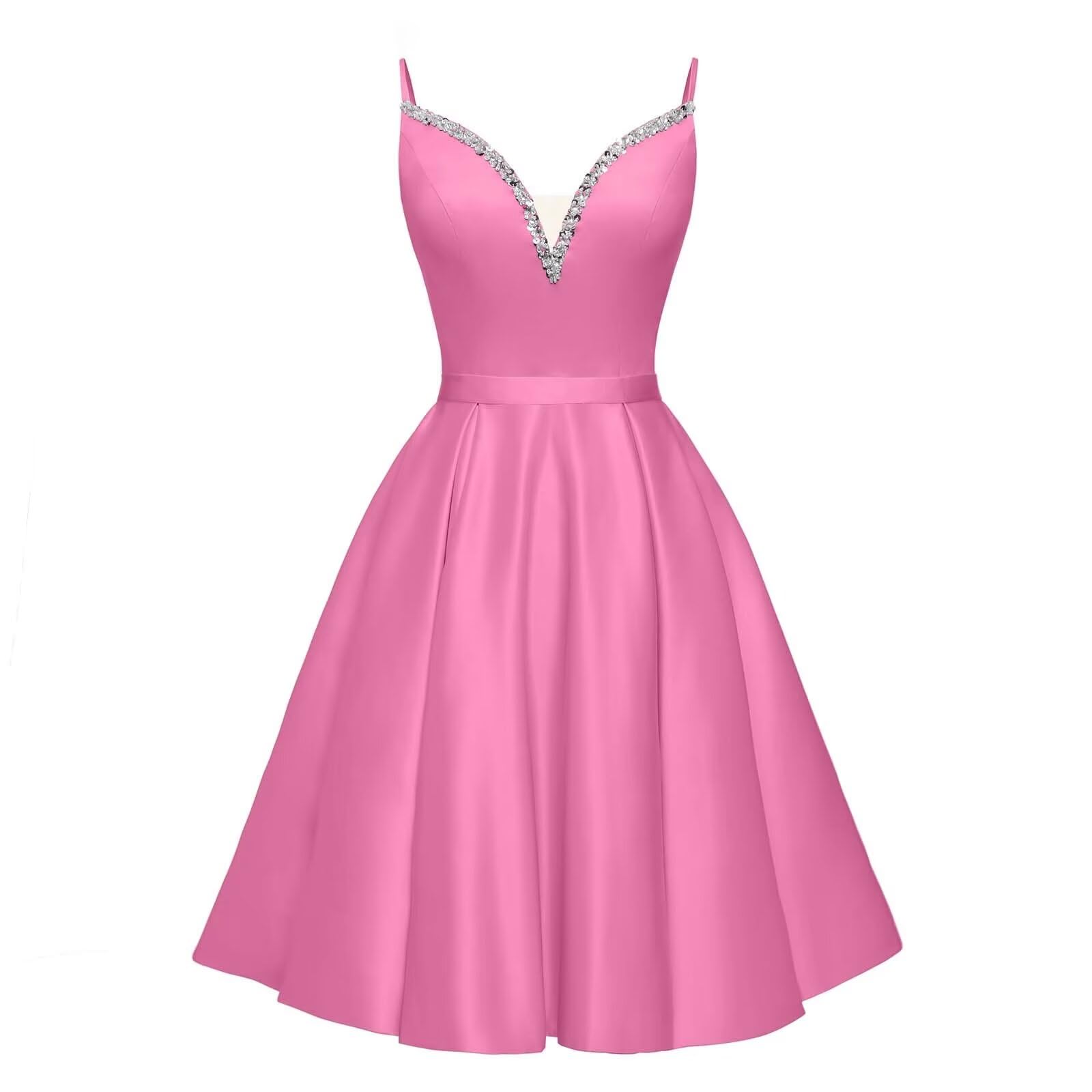 Spaghetti Straps Satin Homecoming Dresses for Teens V-Neck Short Prom Dress A-Line Beaded Cocktail Party Gowns