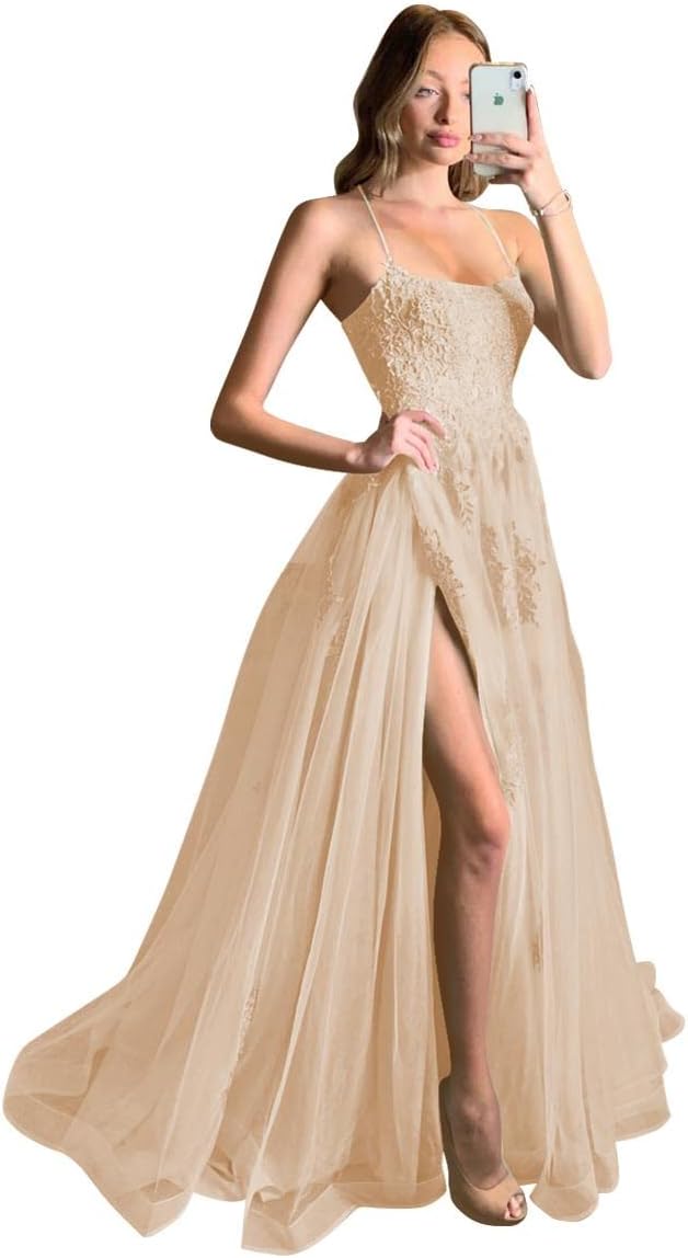 Women's Lace Criss-Cross Prom Dresses with Slit Spaghetti Straps Long Formal Evening Gowns