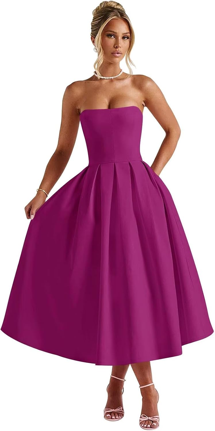 Strapless Satin Tea Length Prom Dresses for Women 2027 A-Line Corset Backless Cocktail Bridesmaid Dress with Pocket