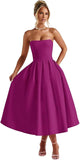 Strapless Satin Tea Length Prom Dresses for Women 2027 A-Line Corset Backless Cocktail Bridesmaid Dress with Pocket