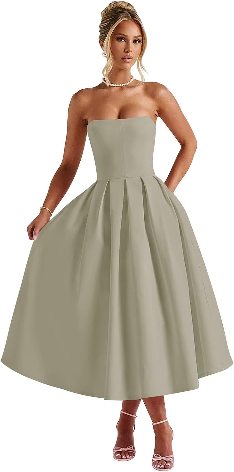 Strapless Satin Tea Length Prom Dresses for Women 2027 A-Line Corset Backless Cocktail Bridesmaid Dress with Pocket