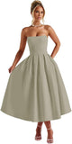 Strapless Satin Tea Length Prom Dresses for Women 2027 A-Line Corset Backless Cocktail Bridesmaid Dress with Pocket