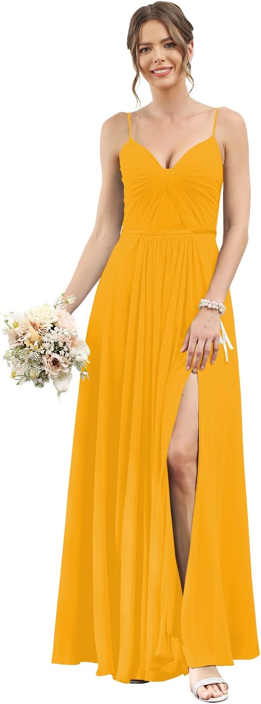 Vestidos de dama de honor largos con tirantes finos y bolsillos, plisados, formales, de noche, con abertura 