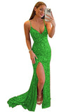 Women's Spaghetti Straps Sequin Prom Dresses Mermaid Sleeveless Double V-Neck Sparkle Evening Dress with Slit
