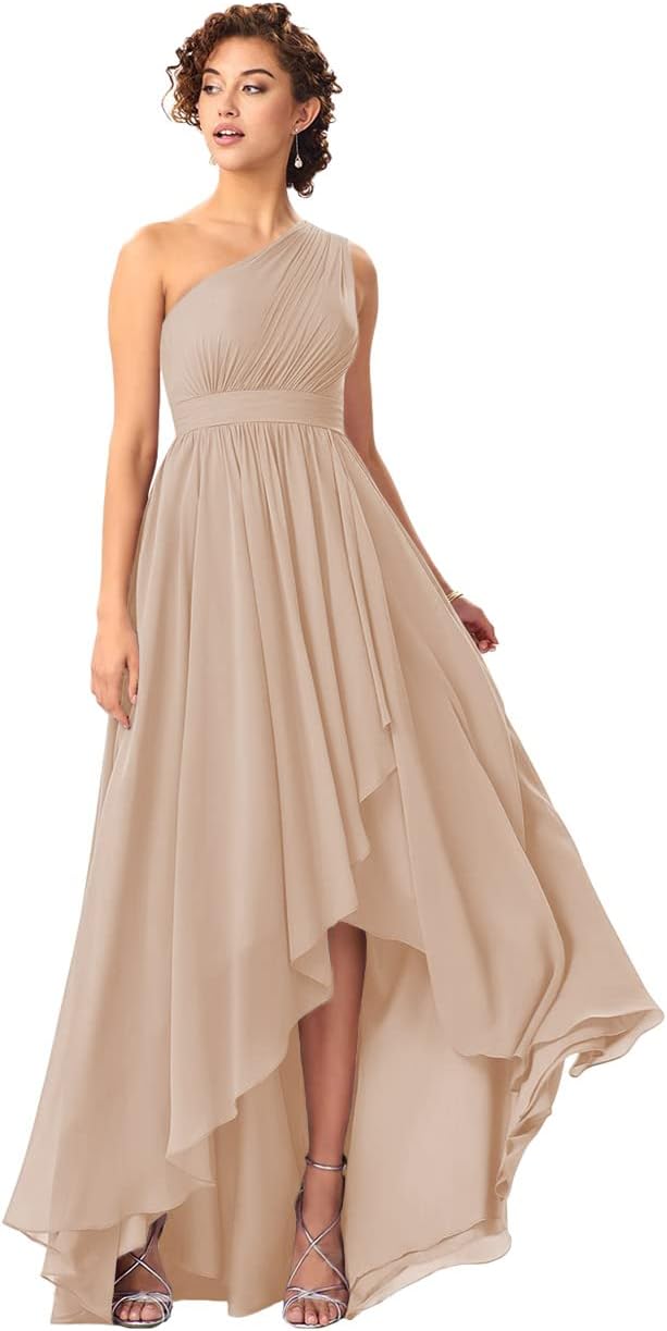 Women's One Shoulder Bridesmaid Dresses High Low Chiffon Formal Party Gowns with Pockets