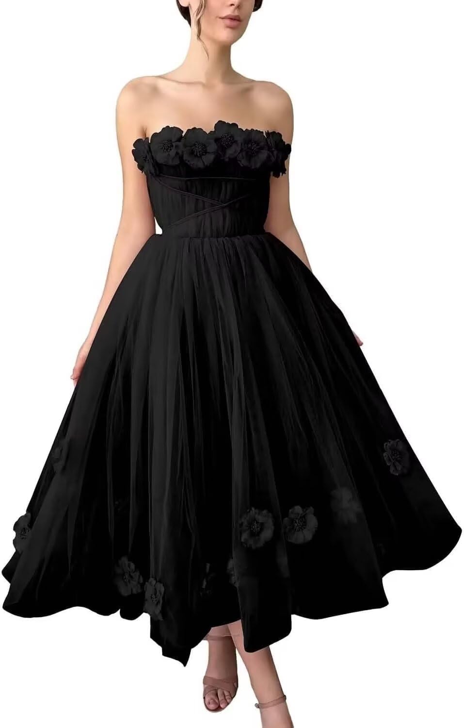 Women's 3D Flower Off Shoulder Tea Length Whimsical Prom Dress, A Line Strapless Tulle Formal Evening Party Gown
