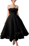 Women's 3D Flower Off Shoulder Tea Length Whimsical Prom Dress, A Line Strapless Tulle Formal Evening Party Gown