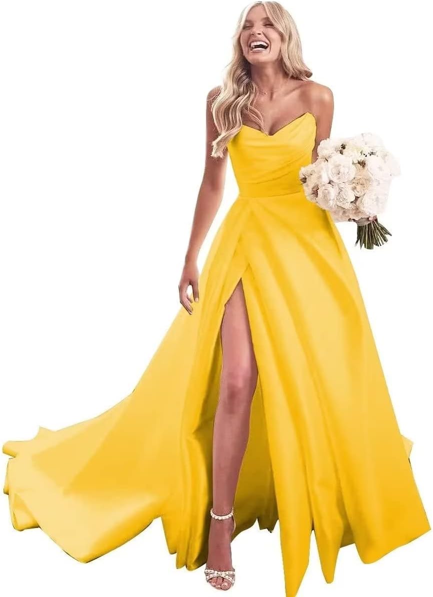 Trägerloses Ballkleid, langes Ballkleid, Satin-Brautkleid für die Braut, A-Linie, formelle Abendkleider mit Schlitz 