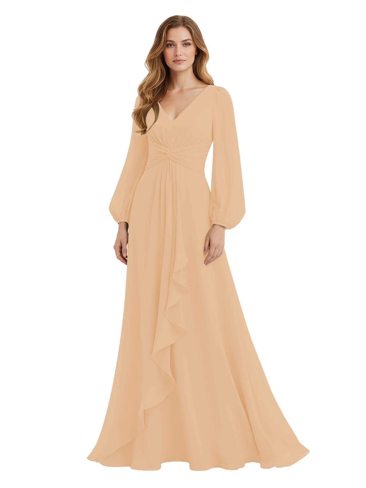 Women's Chiffon Bridesmaid Dresses Long Sleeve Ruffles V-Neck Pleated Formal Wedding Guest Dresses Mother of the bride Dress