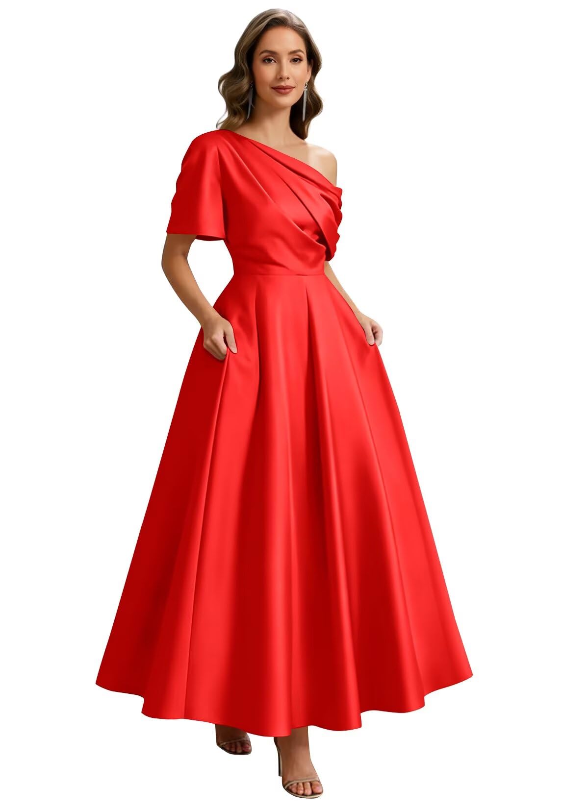 Kingbridal Satin Mother of The Bride Dresses for Women Tea Length Formal Dress One Shoulder Evening Party Gowns with Pockets
