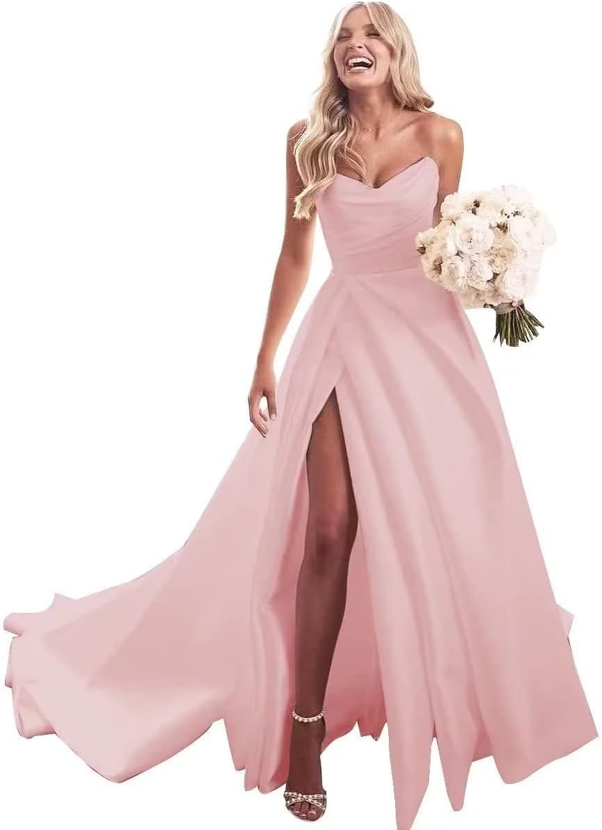 Trägerloses Ballkleid, langes Ballkleid, Satin-Brautkleid für die Braut, A-Linie, formelle Abendkleider mit Schlitz 