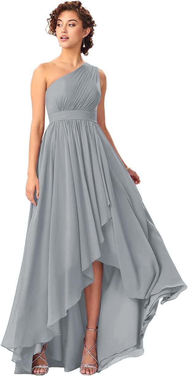 Women's One Shoulder Bridesmaid Dresses High Low Chiffon Formal Party Gowns with Pockets