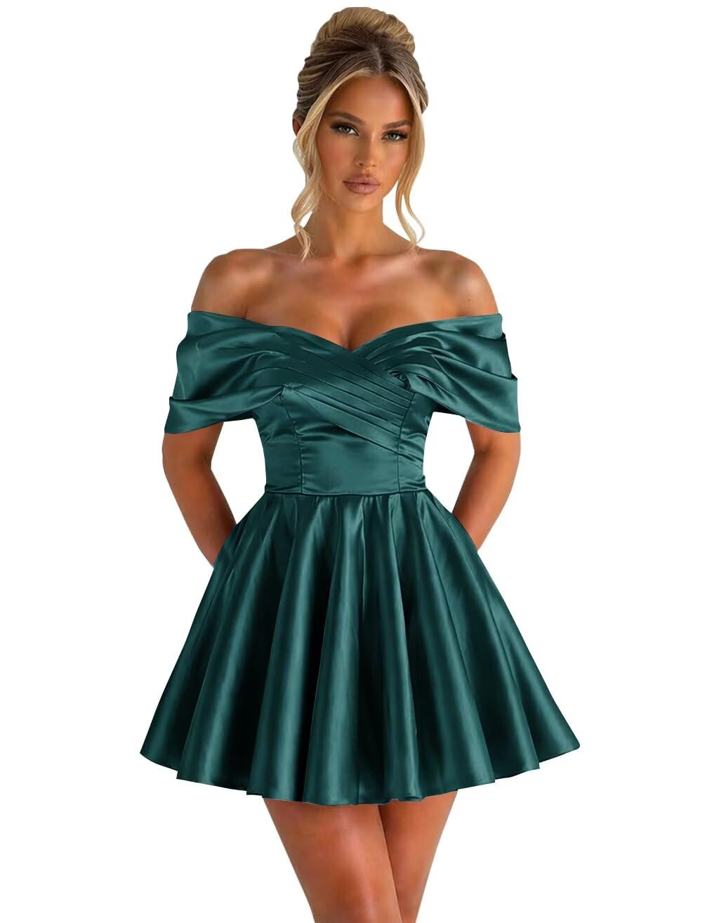 Off Shoulder Satin Homecoming Dresses for Teens 2026 Short Prom Dress A-line Pleated Cocktail Party Gowns