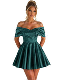 Off Shoulder Satin Homecoming Dresses for Teens 2026 Short Prom Dress A-line Pleated Cocktail Party Gowns