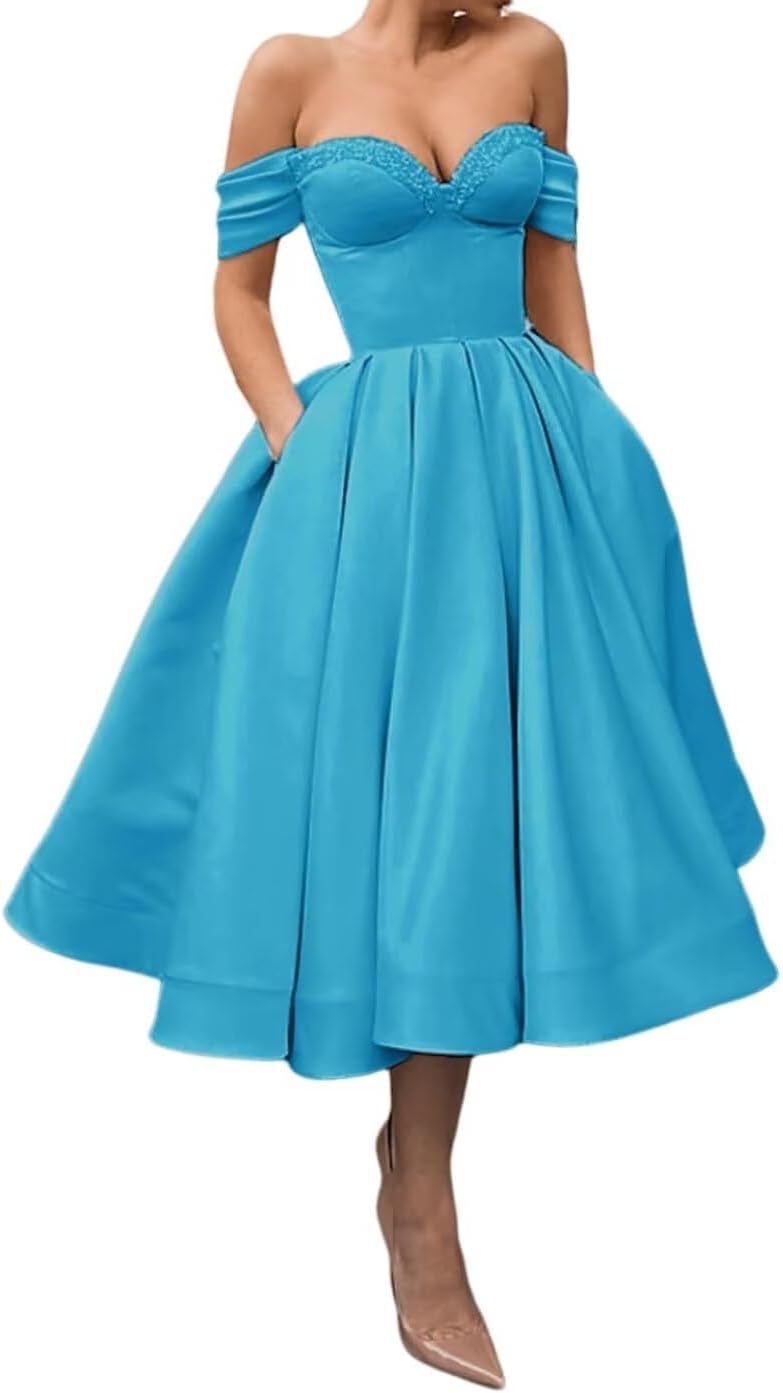A Line Off Shoulder Prom Dresses for Women Satin Tea Length Cocktail Party Dresses with Pockets