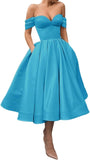 A Line Off Shoulder Prom Dresses for Women Satin Tea Length Cocktail Party Dresses with Pockets