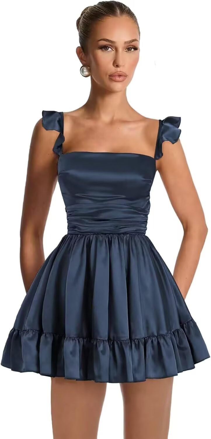Satin Homecoming Dresses for Teens 2027 A-line Ruched Square Neck Short Prom Formal Cocktail Gowns with Pockets