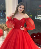 Off Shoulder Lace Appliques Ball Gown Quinceanera Dresses Long Sleeve Wedding Dress Bridal Gowns