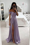 Womens Off Shoulder Prom Evening Dresses Satin Long Formal Wedding Guest Gowns Dress with Slit